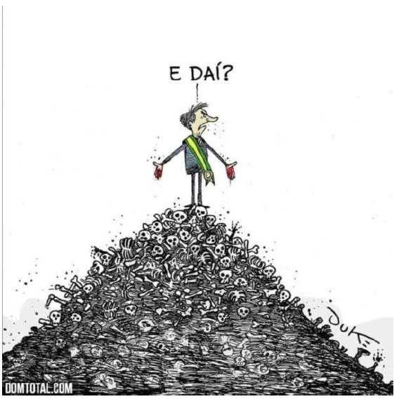 Charge do dia 29 de abril de 2020, que retrata a fala do presidente Bolsonaro após ser questionado sobre os 5 mil brasileiros mortos por Covid-19 no Brasil.