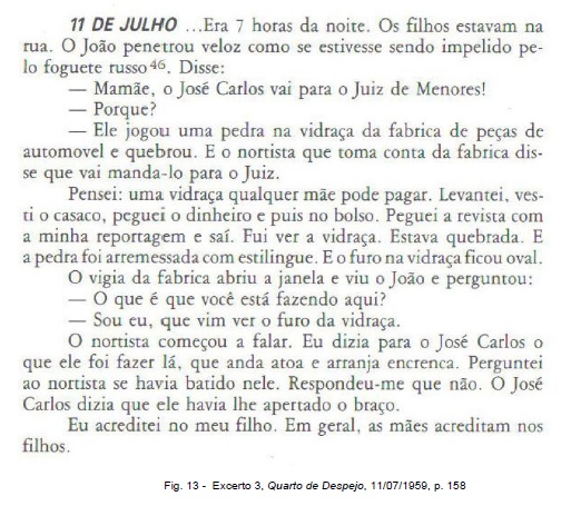 Fig. 13 -  Excerto 3, Quarto de Despejo, 11/07/1959, p. 158