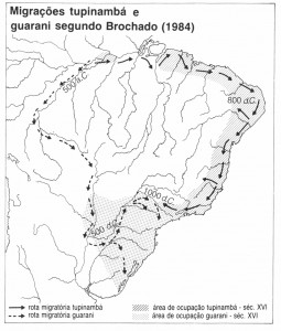 Mapa 3 - Migrações Tupinambá e Guarani segundo J. Brochado (1984)