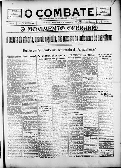 Documento 7: A primeira página do jornal “O Combate” no dia 19 de julho de 1917
