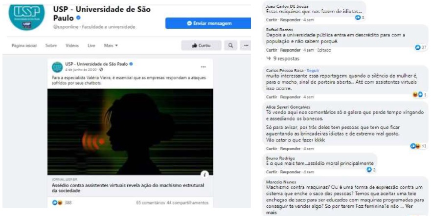 Fonte: [Assédio Sexual Sofrido por Chatbots]. São Paulo, 4 jun. 2021. Acesso em: 3 jul. 2021.